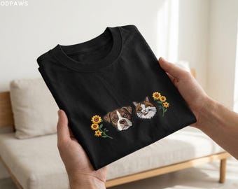 Custom Embroidered Floral Dog Shirt with Sleeve Embroidery Personalized Pet Portrait Cat T-Shirt Tee