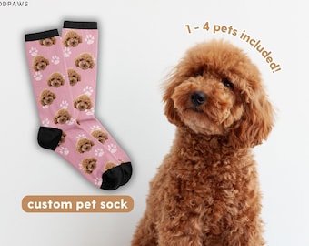May include: A pair of pink socks featuring a repeating pattern of brown dog faces and white paw prints, with black cuffs at the top and toe. The text MODPAWS, custom pet sock, and 1 - 4 pets included are visible alongside a brown curly-haired dog.