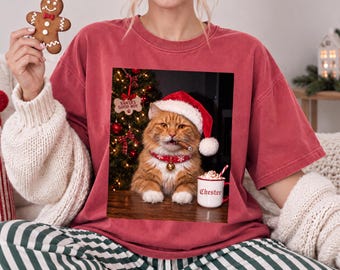 Custom Comfort Colors® Vintage Bootleg Santa Cat Photo Christmas Shirt Personalized Dog Face Outfit Gift