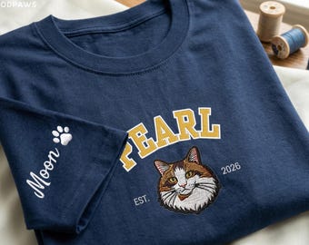 Custom Embroidered Varsity Cat Shirt with Sleeve Embroidery Personalized Pet Portrait Dog T-Shirt Tee