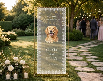 Custom Pet Wedding Welcome Lace Sign Personalized Dog Watercolor Photo Printed Fabric Tapestry Banner Ceremony Signage