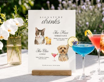Custom Watercolor Pet Portrait Wedding Cocktail Menu Sign Personalized Dog Cat Signature Drinks Table Plaque