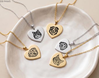 Personalized Pet Engraved Sketch Heart Necklace Custom Dog Picture Pendant Cat Memorial Jewelry Gift