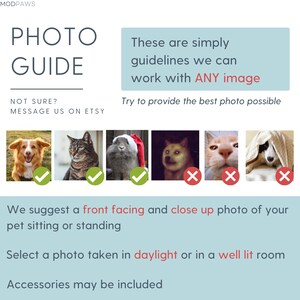 May include: A photo guide with the text "PHOTO GUIDE" and "MODPAWS" at the top. The guide suggests a front-facing, close-up photo of a pet. Examples of acceptable and unacceptable pet photos are shown.