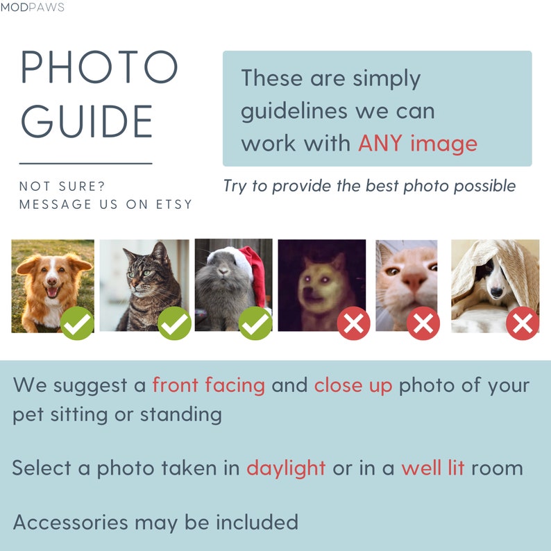 May include: A photo guide with the text "PHOTO GUIDE" and "MODPAWS" at the top. The guide suggests a front-facing, close-up photo of a pet. Examples of acceptable and unacceptable pet photos are shown.