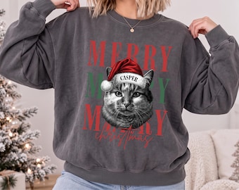 Custom Comfort Colors® Vintage Christmas Sweater Santa Cat Photo Sweatshirt Personalized Dog Portrait Crewneck
