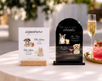 Personalized Pet Signature Drink Sign Custom Watercolor Dog Cat Wedding Cocktail Menu Card Acrylic Plaque