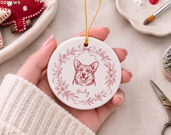 Personalized Dog Sketch Ornament Custom Pet Photo Keepsake Christmas Tree Decor Memorial Floral Line Art