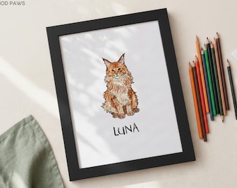 Custom Scribble Watercolor Cat Portraits From Photo | Personalized Digital Pet Memorial Art Painting