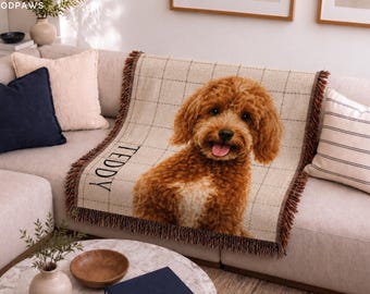 Custom Dog Portrait Woven Blanket with Name  Personalized Pet Pattern Tapestry Throw  Unique Pattern Keepsake