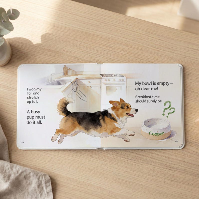 May include: A children's book spread featuring a watercolor illustration of a running corgi dog. Text includes "I wag my tail" and "My bowl is empty." A dog bowl labeled "Cooper" is also shown.