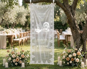 Custom Pet Wedding Welcome Lace Sign Personalized Dog Photo Tapestry Banner Ceremony Signage Decoration