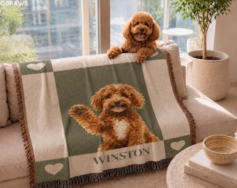 Custom Dog Portrait Woven Blanket with Name Personalized Checker Tapestry Throw Pet Memorial Present