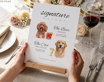 Personalized Pet Wedding Cocktail Menu Sign Acrylic Dome Custom Watercolor Dog Cat Signature Drink Plaque