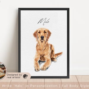 May include: A framed art print featuring a golden retriever dog named Milo, lying down with a relaxed pose. The artwork has a painterly style, with a white background and a black frame. The text "Milo" is written above the dog.