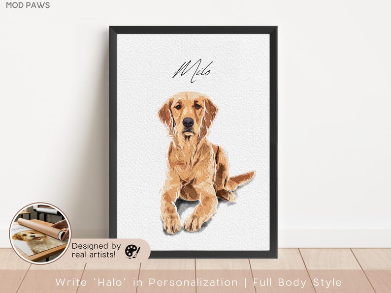 May include: A framed art print featuring a golden retriever dog named Milo, lying down with a relaxed pose. The artwork has a painterly style, with a white background and a black frame. The text "Milo" is written above the dog.