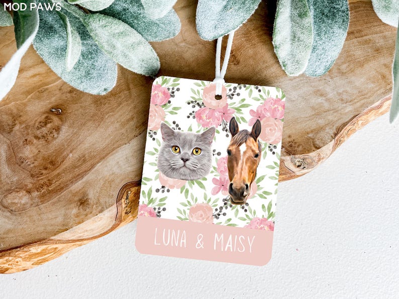 Peut inclure: Un diffuseur de parfum de voiture blanc avec un motif floral et des accents roses. Le diffuseur pr&eacute;sente un chat et un cheval avec les noms "Luna & Maisy" imprim&eacute;s en dessous.