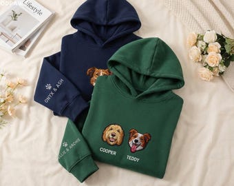 Custom Dog Portrait Embroidered Hoodie with Sleeve Embroidery Personalized Pet and Cat Hooded Sweatshirt