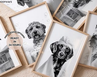 Custom Pet Bathroom Art Portraits Using Cat Photo Funny Personalized Digital Dog Cat Pet in Bathtub Custom Pet Art Pet Drawing Poster