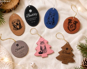 Personalized Pet Photo Christmas Ornament Custom Dog Cat Leatherette Engraved Memorial Keepsake Gift
