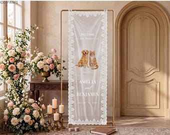 Watercolor Dog Cat Wedding Welcome Lace Banner Personalized Pet Photo Printed Fabric Tapestry Ceremony Signage Decor