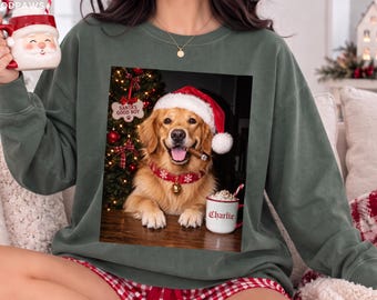 Custom Comfort Colors® Vintage Christmas Sweater Santa Dog Photo Sweatshirt Personalized Cat Portrait Pullover