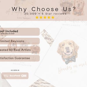 May include: A promotional image for Mod Paws featuring a golden retriever illustration wearing a bow tie. Text includes "Why Choose Us?" and "Proof Included." The image also displays "Drinks on me!" and "As Seen In" with WSJ, BuzzFeed, and CNN logos.