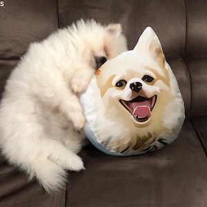 May include: A fluffy white Pomeranian dog cuddles next to a dog-shaped pillow with a smiling face. The pillow has a light tan and white color scheme with a pink tongue. The dog is resting on a brown sofa.