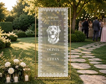 Custom Pet Wedding Welcome Lace Banner Personalized Dog Cat Photo Printed Fabric Tapestry Ceremony Signage Party Decor