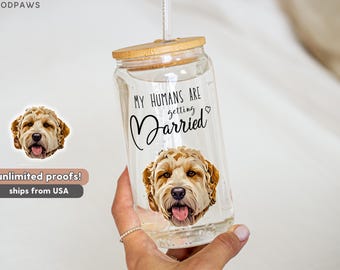 Personalized Wedding Dog Beer Can Glass with Bamboo Lid, Pet Bride and Groom Glass Mug Dog Lover Gift Pet Portrait Personalized Coffee Glass