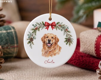 Custom Pet Photo Watercolor Wreath Christmas Tree Ornament Personalized Cat Dog Name Remembrance Holiday Decor