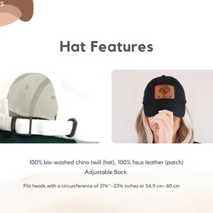 May include: A black baseball cap with a brown leather patch featuring a dog design. The hat is made of bio-washed chino twill and has an adjustable back. Fits heads with a circumference of 21&frac12;"&ndash;23" inches.