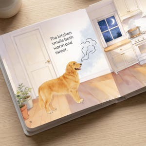 May include: An open book page with an illustration of a golden retriever dog in a kitchen. Text reads, "The kitchen smells both warm and sweet." The kitchen has a window with a night sky view and a pot on the stove.