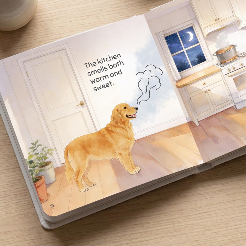 May include: An open book page with an illustration of a golden retriever dog in a kitchen. Text reads, "The kitchen smells both warm and sweet." The kitchen has a window with a night sky view and a pot on the stove.