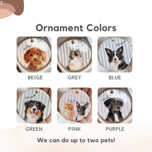 Pode incluir: Uma sele&ccedil;&atilde;o de ornamentos redondos de cer&acirc;mica com retratos de animais de estima&ccedil;&atilde;o. Cada ornamento tem uma corda dourada para pendurar e mostra a imagem de um animal de estima&ccedil;&atilde;o com o seu nome. Cores: bege, cinza, azul, verde, rosa e roxo. Inclui tamb&eacute;m o texto "We can do up to two pets!"
