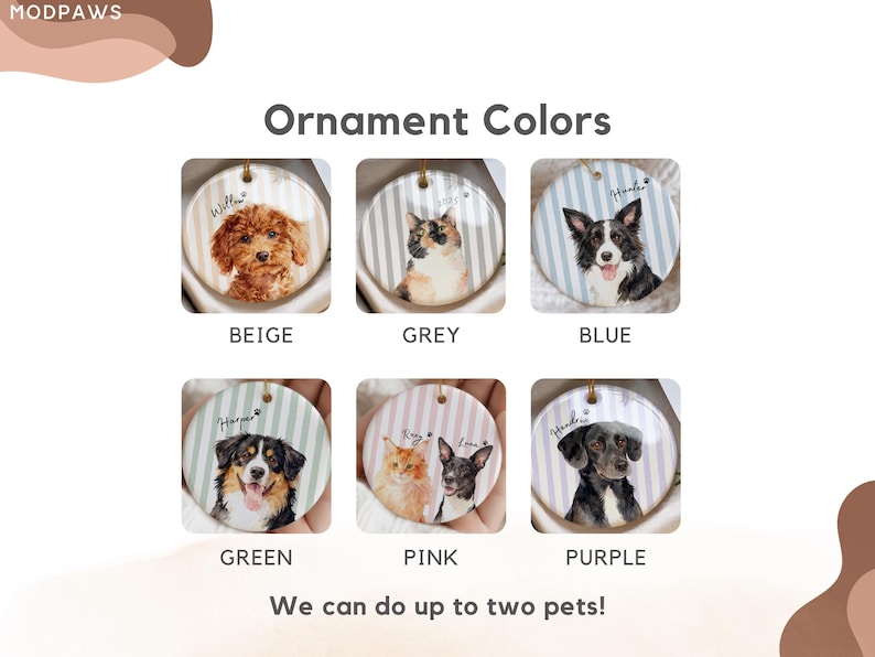 Pode incluir: Uma sele&ccedil;&atilde;o de ornamentos redondos de cer&acirc;mica com retratos de animais de estima&ccedil;&atilde;o. Cada ornamento tem uma corda dourada para pendurar e mostra a imagem de um animal de estima&ccedil;&atilde;o com o seu nome. Cores: bege, cinza, azul, verde, rosa e roxo. Inclui tamb&eacute;m o texto "We can do up to two pets!"