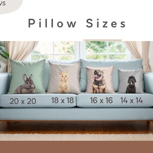 May include: A light blue couch with four pillows featuring different animal designs. The pillows are labeled with their sizes: 20 x 20 inches, 18 x 18 inches, 16 x 16 inches, and 14 x 14 inches.