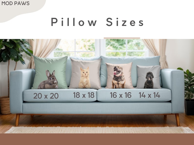 May include: A light blue couch with four pillows featuring different animal designs. The pillows are labeled with their sizes: 20 x 20 inches, 18 x 18 inches, 16 x 16 inches, and 14 x 14 inches.