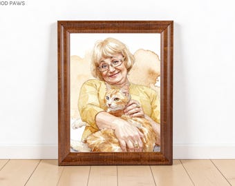 Personalized Mother's Day Portrait, Custom Watercolor Mother's Day Gift, Custom Mom and Pet Portrait, Digital Dog Portraits Cat Painting