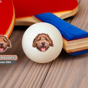 May include: A white ping pong ball with a brown dog face graphic, a red and blue ping pong paddle, and a wooden table. The dog has brown fur and a pink tongue. The paddle has a red surface and a blue handle.