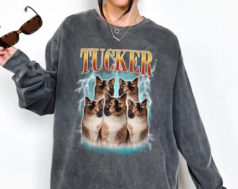 Vintage Custom Cat Sweater Photo Portrait Personalized Pullover Sweatshirt Comfort Colors Dog Mom Gift Apparel
