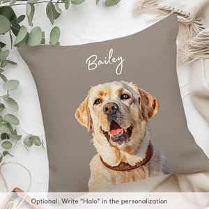 Puede incluir: Un coj&iacute;n decorativo cuadrado con un retrato en acuarela de un Labrador Retriever dorado. El perro lleva un collar marr&oacute;n y tiene el nombre "Bailey" en escritura blanca sobre su cabeza. El coj&iacute;n tiene un fondo gris neutro.