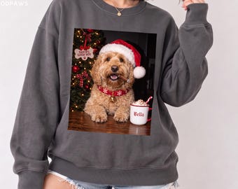 Custom Comfort Colors® Vintage Christmas Sweater Santa Pet Photo Sweatshirt Personalized Dog Face Portrait Crewneck