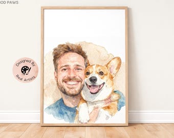 Custom Watercolor Portraits, Custom Human and Pet Portrait, Personalized Couple Art, Digital Dog Portraits Cat Painting, Father's Day Gift
