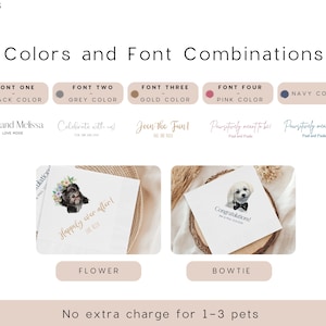 May include: Image showcasing color and font combinations for pet-themed stationery. Includes examples with a flower and bowtie design. Text examples include "John and Melissa" and "Happily ever after!" with color swatches for black, grey, gold, pink, and navy.