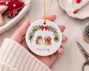 Custom Pet Photo Watercolor Wreath Christmas Ornament Personalized Dog Cat Name Holiday Bauble