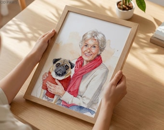 Custom Mother's Day Portrait, Personalized Grandmother Gift, Watercolor Mother's Day Art, Digital Dog Portraits Cat Painting, Nanny Gift