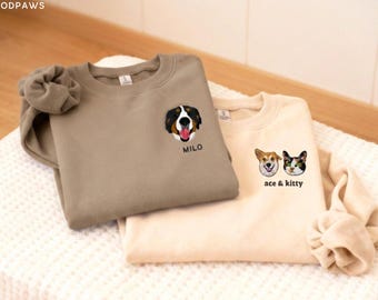 Trui met gepersonaliseerd huisdierportret en borduurwerk, comfortabele kleuren, gepersonaliseerde trui met honden- en kattenborduurwerk, ronde hals.