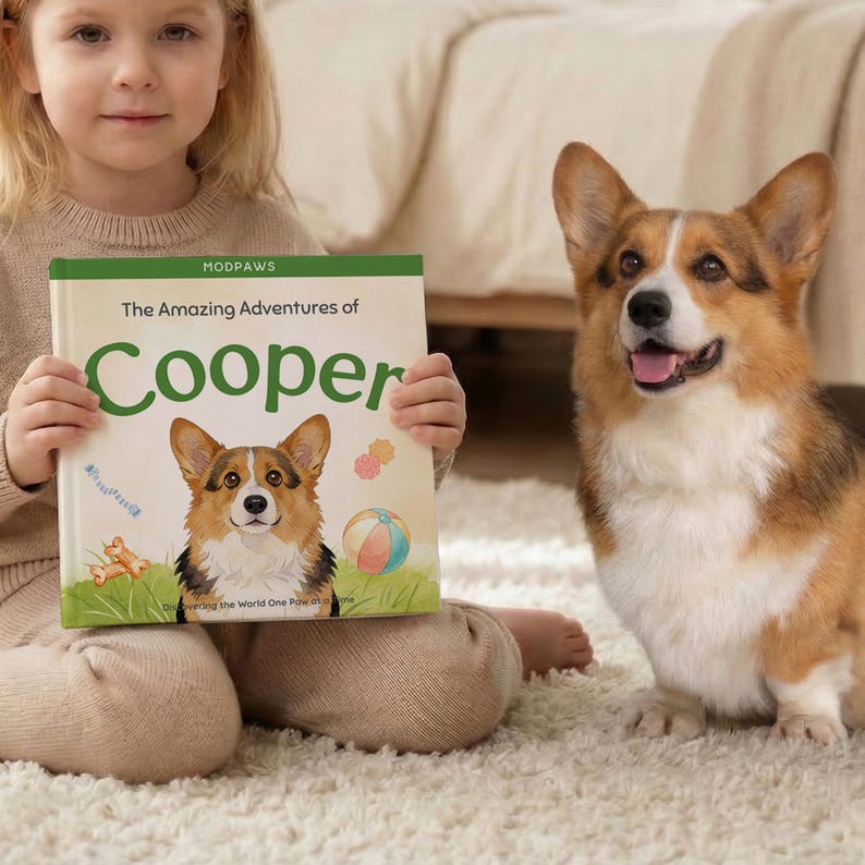 May include: A young child holds a book titled "The Amazing Adventures of Cooper" by Modpaws, featuring a corgi illustration. A real corgi dog with brown, white, and black fur sits nearby. The book cover has a green border and the title is in green.