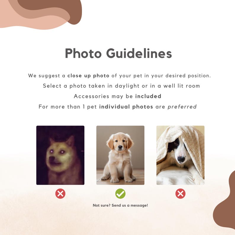 May include: Image with "Photo Guidelines" text. It suggests close-up photos of pets in daylight or well-lit rooms, with accessories allowed. Examples show acceptable and unacceptable pet photos, with a message to contact for help.